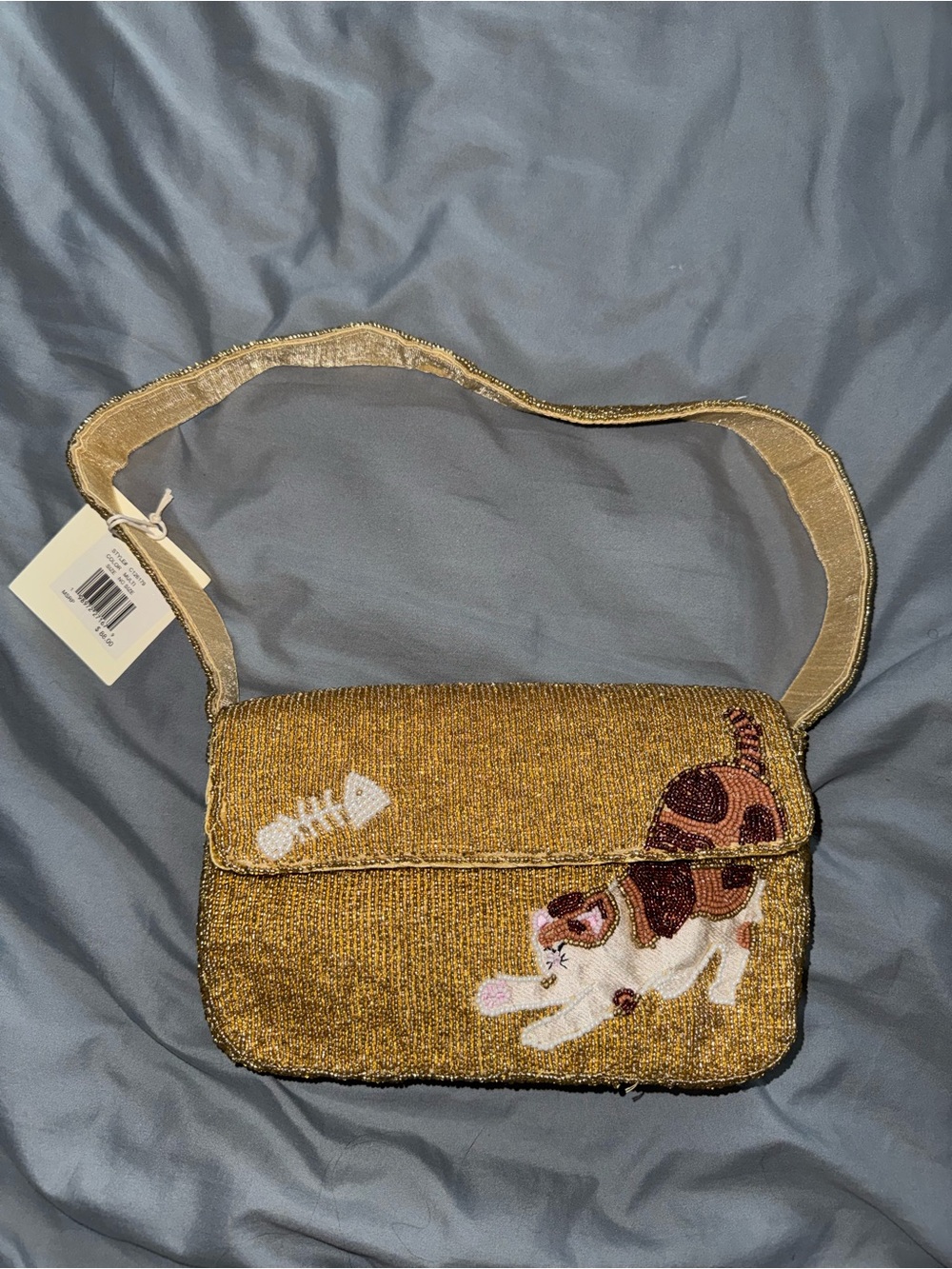 Beaded Cat & Fishbone Shoulder Bag Handmade in India New with Tags